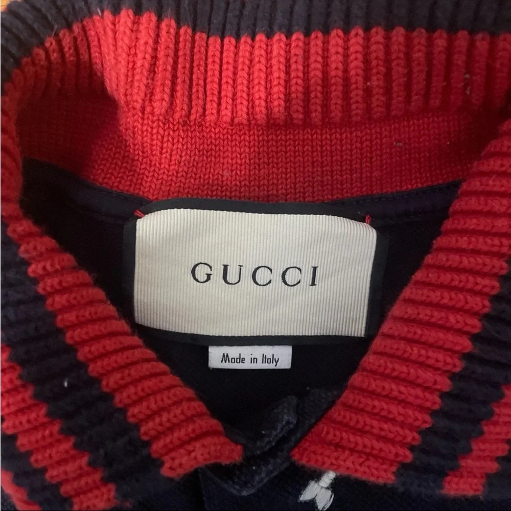 Gucci Kingsnake Crown Bee Eye Navy and Red Knit Polo Shirt